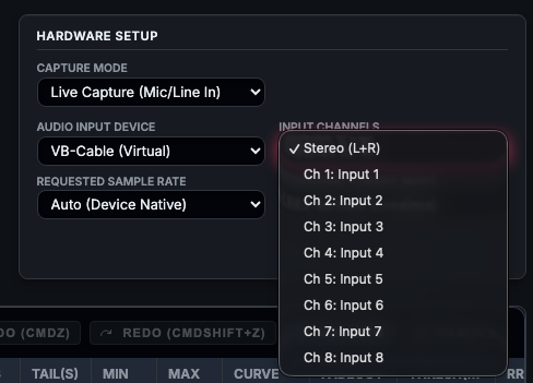 Xtractpler v3.6 Hardware Setup showing dynamic audio channel selection