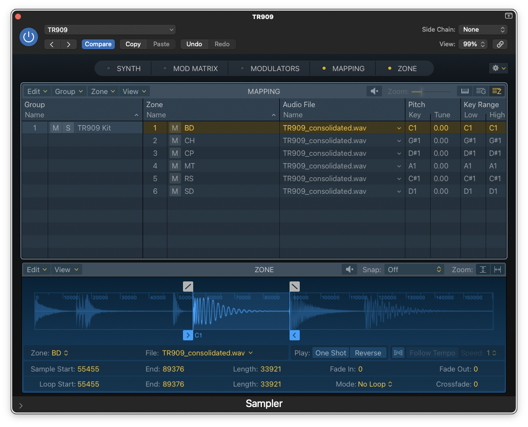 Logic Pro EXS24 consolidated audio drum kit exported by Xtractpler