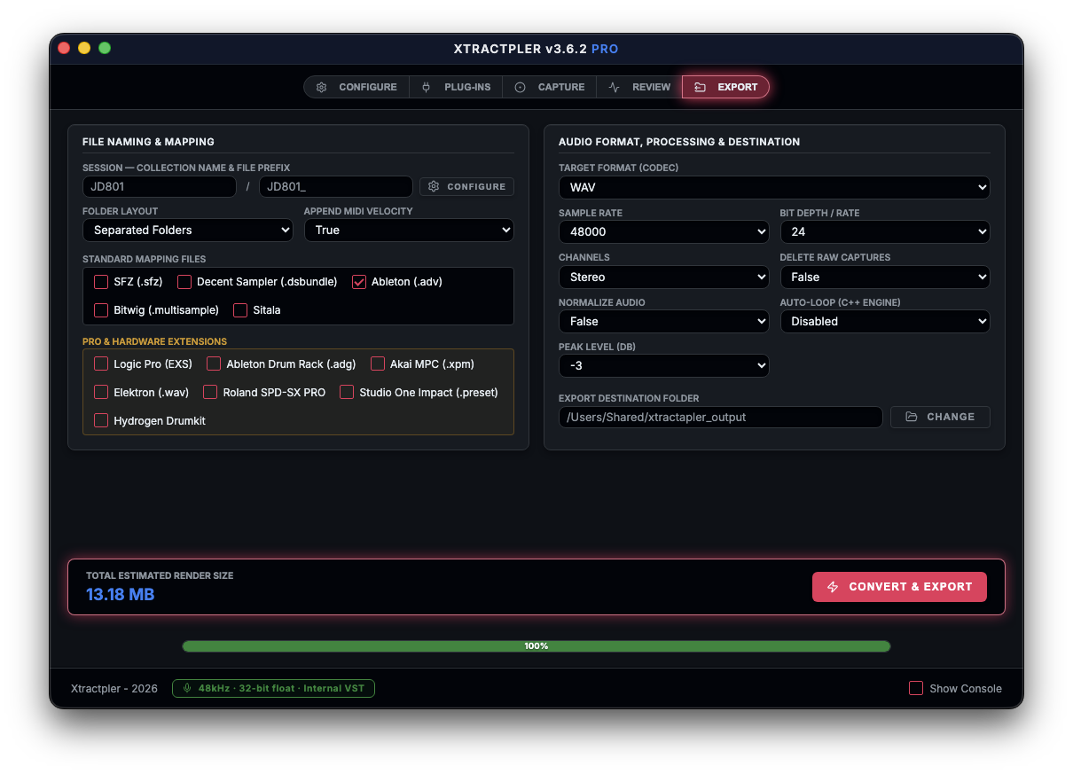 Xtractpler v3.6 Export tab showing the new Auto-Loop Export option