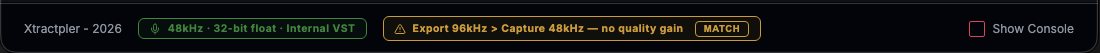 Xtractpler v3.6 persistent footer alert bar showing quality badge and warnings