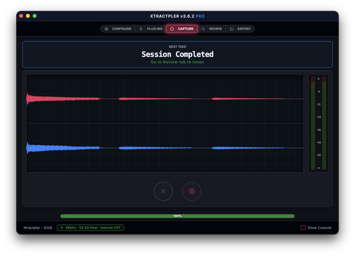 Xtractpler v3.6 real-time stereo waveform display during capture
