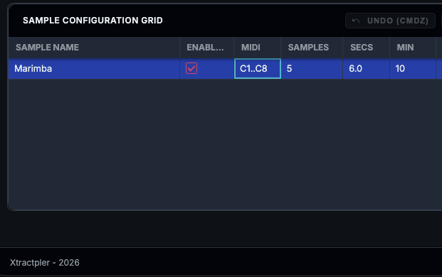 Xtractpler Sample Configuration Grid showing note range entry