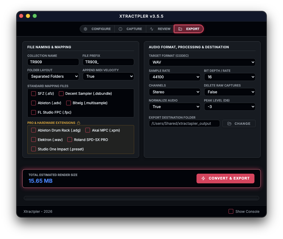 Xtractpler Export tab on Mac showing new formats and mapping options