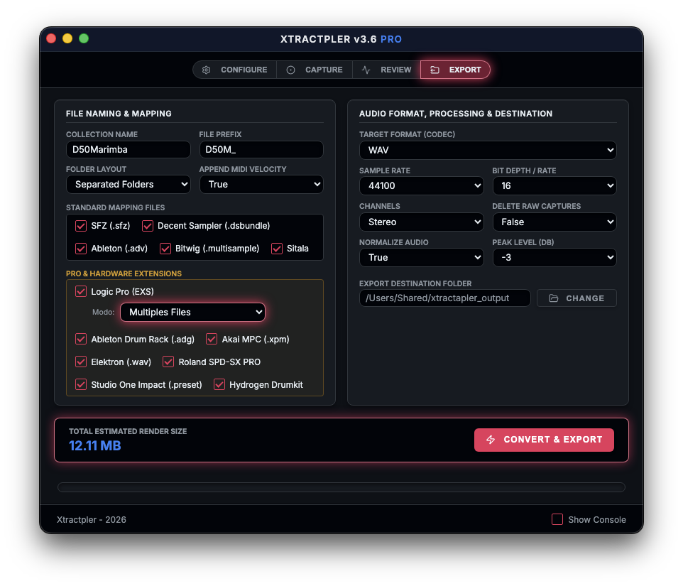 Xtractpler Pro export formats menu showing Logic, Ableton Drum Rack, Akai MPC, Roland, Elektron