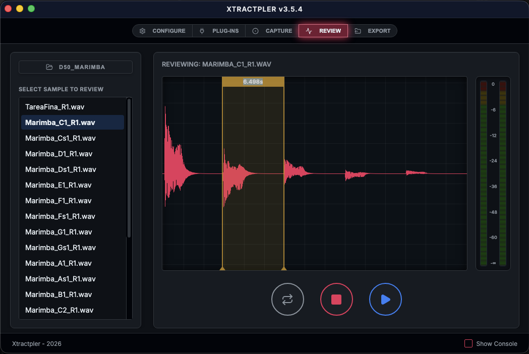 Xtractpler Review tab showing draggable time-loop bars and waveform transients