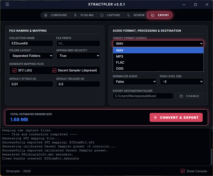 Xtractpler Export tab on Windows showing formats and mapping options