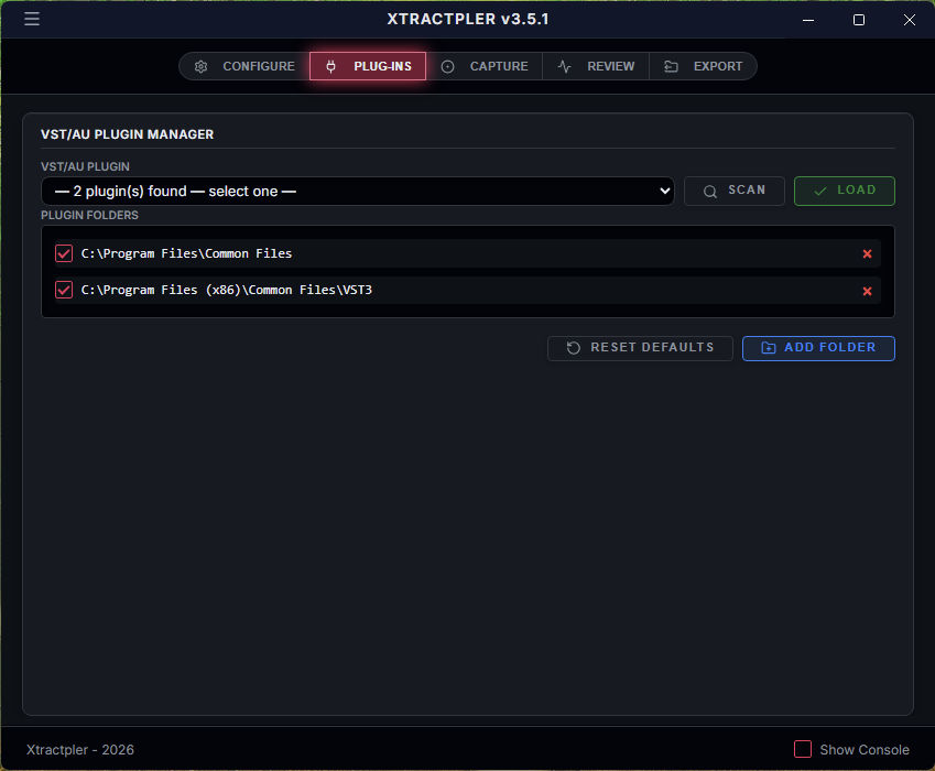 Xtractpler Plug-ins tab on Windows